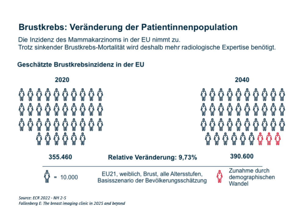 Die Inzidenz des Mammakarzinoms in der EU nimmt zu. Trotz sinkender Brustkrebs-Mortalität wird deshalb mehr radiologische Expertise benötigt